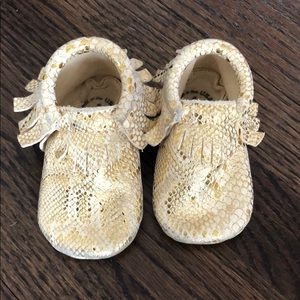 Freshly Picked gold snakeskin moccasins